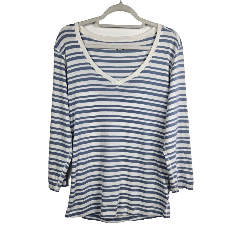 Three Dots Women's Size XL Striped Blue Ivory 3/4 Sleeve‎ Top NWT
